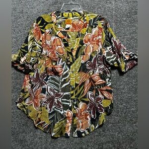 Ruby Rd. Woman’s Hawaiian Floral Rayon Blend Roll Tab Sleeve Blouse Top Size XL
